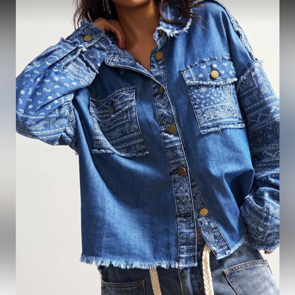 Flower patchwork distressed print big floral Blue… - image 5